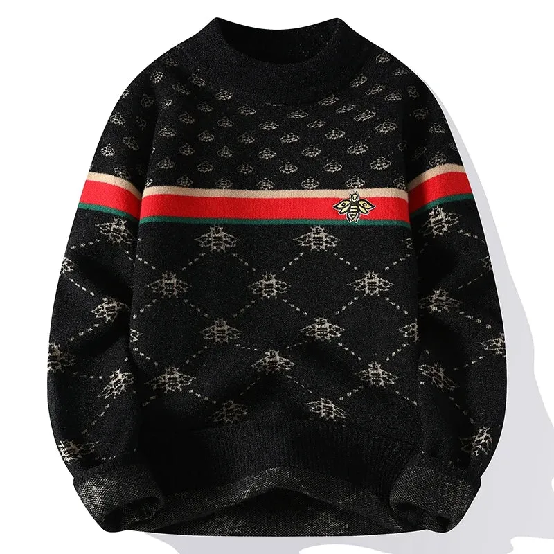 2024 New Fall Winter Korean Slim Bee Embroidery Pullovers High End Luxury Cashmere Sweater Men Soft Warm Mens Christmas Jumper