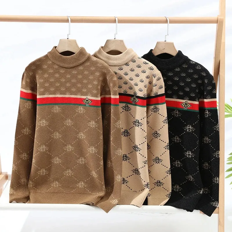 2024 New Fall Winter Korean Slim Bee Embroidery Pullovers High End Luxury Cashmere Sweater Men Soft Warm Mens Christmas Jumper