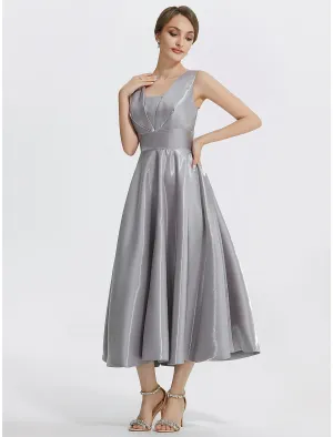 A-Line Cocktail Dresses Elegant Dress Formal Wedding Guest Tea Length Sleeveless V Neck Satin with Pocket