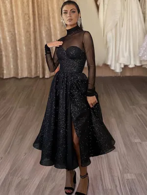 A-Line Cocktail Dresses Elegant Dress Party Wear Tea Length Long Sleeve High Neck Tulle with Glitter Slit