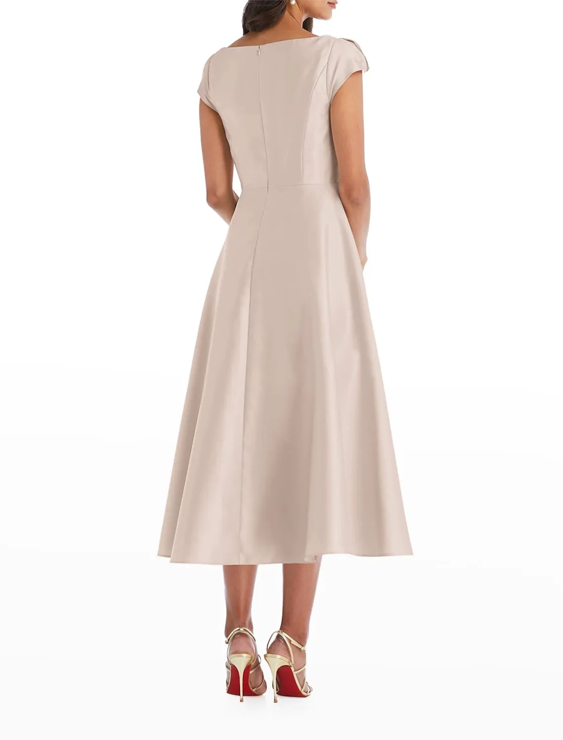 A-Line Cocktail Dresses Elegant Dress Wedding Guest Engagement Tea Length Short Sleeve Scoop Neck Italy Satin with Draping