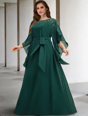 A-Line Mother of the Bride Dresses Plus Size Hide Belly Curve Elegant Dress Formal Floor Length Half Sleeve Jewel Neck Chiffon with Beading Strappy