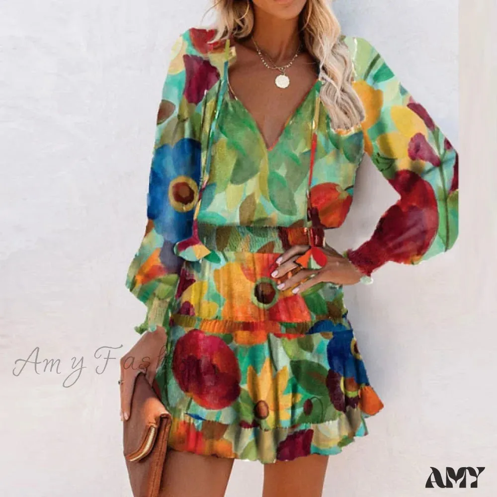 Amy Fashion - Elegant V-Neck Drawstring Ruffle Mini Dresses