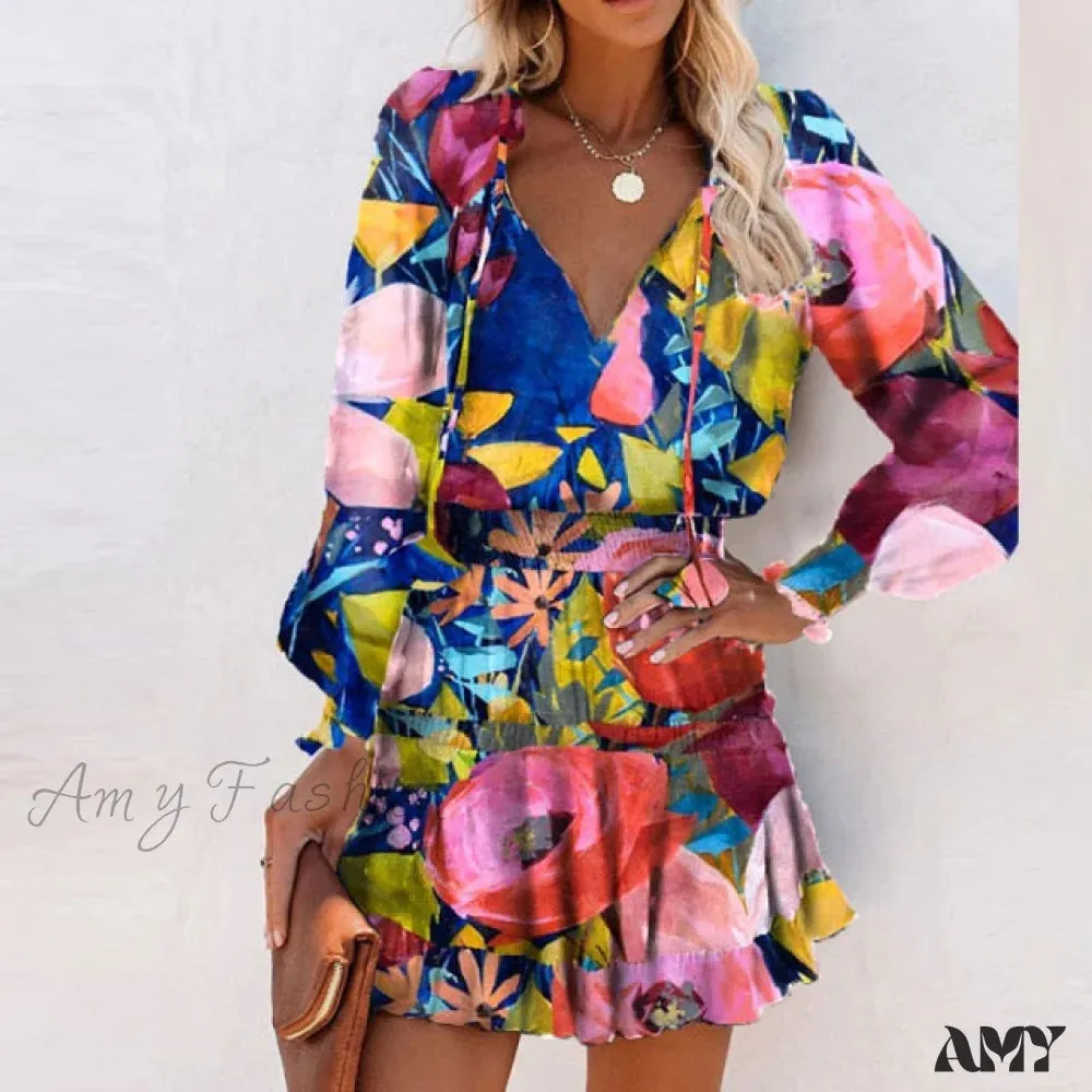 Amy Fashion - Elegant V-Neck Drawstring Ruffle Mini Dresses