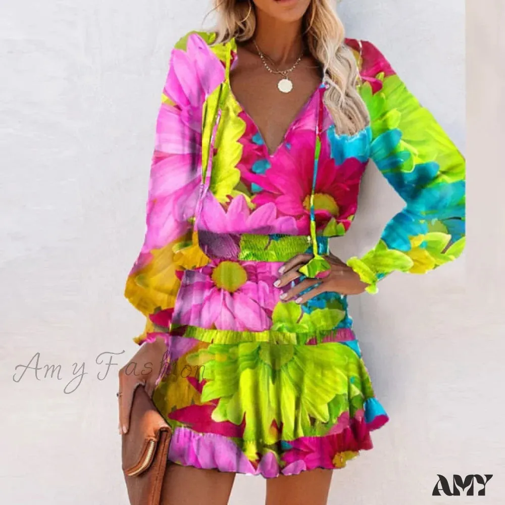 Amy Fashion - Elegant V-Neck Drawstring Ruffle Mini Dresses