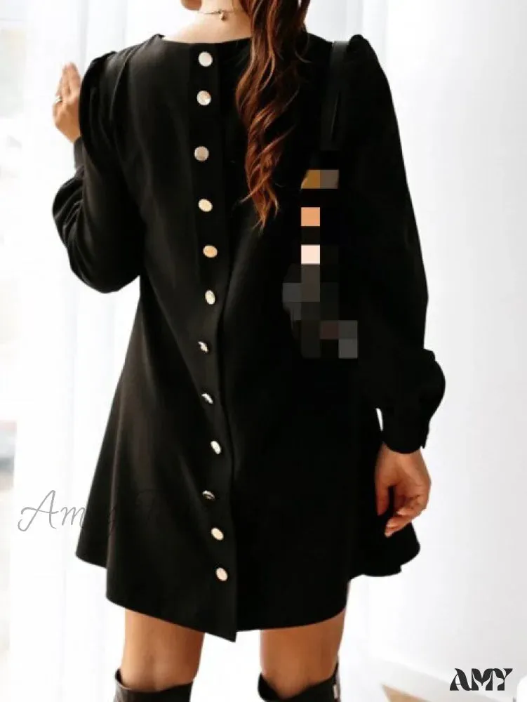 Amy Fashion - Long Sleeve Loose O-neck Button Solid A-line Elegant Dresses