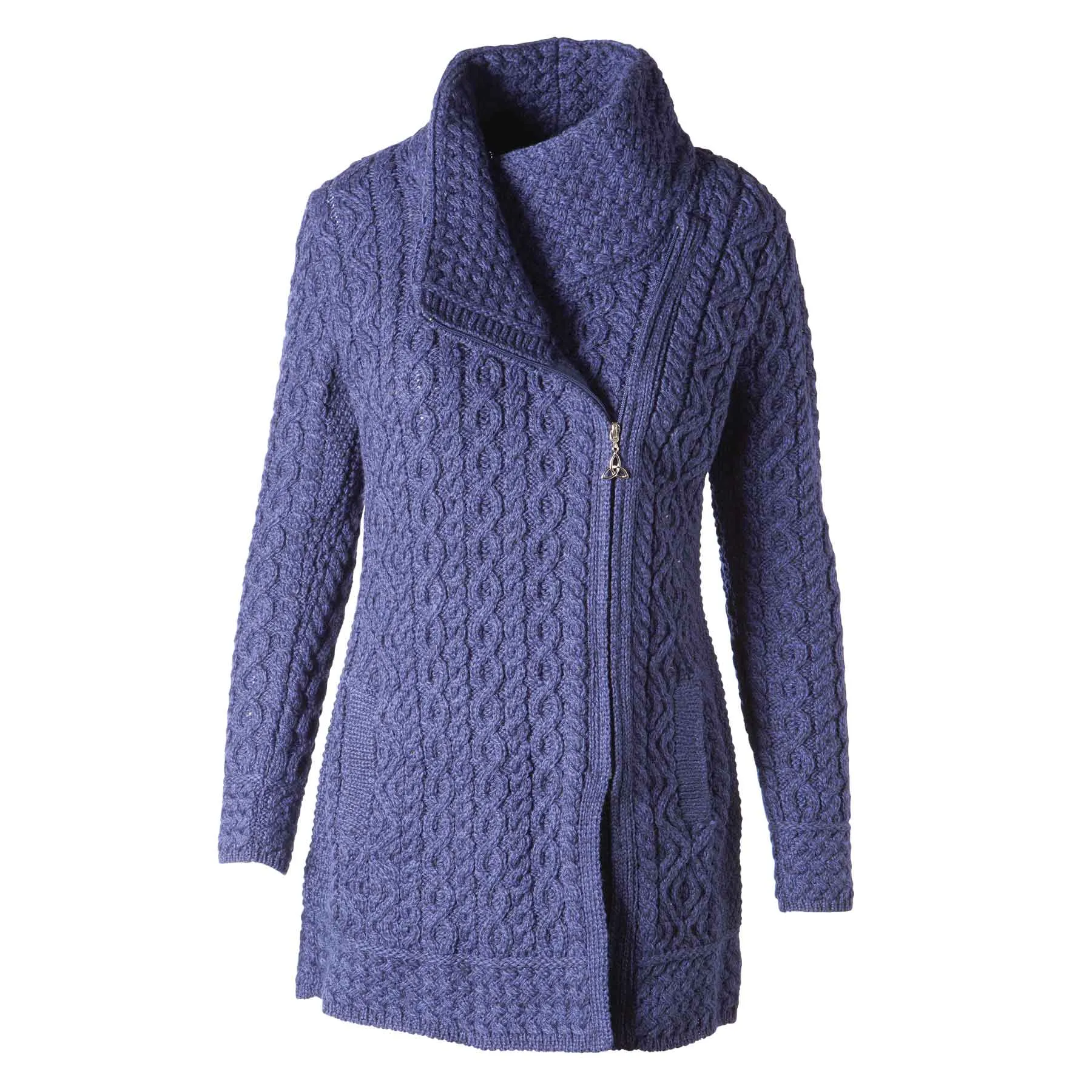 Athenry Asymmetric Side Zip Aran Knit Coat Jacket with Shawl Collar, Midnight Blue