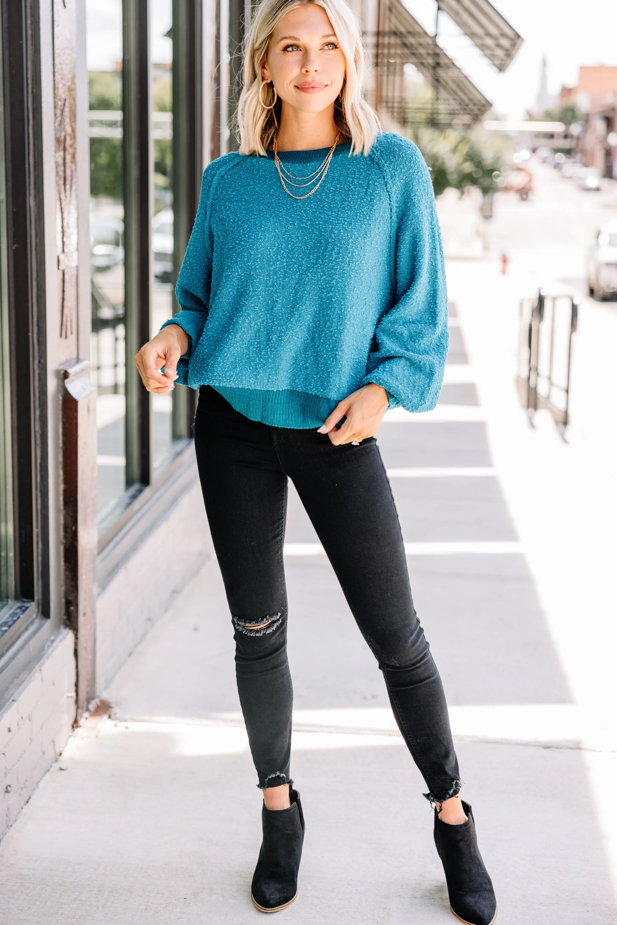 Better Than Basic Peacock Blue Textured Sweater