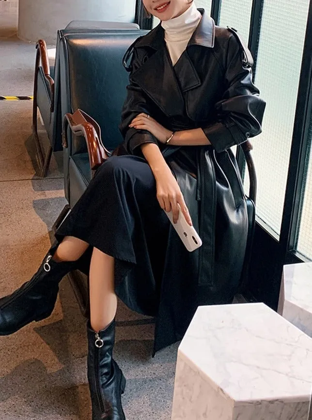 Black Oversized Long Waterproof Leather Trench Coat for Women 2022 S-7XL