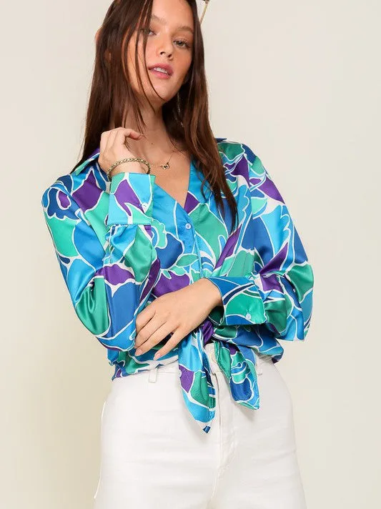 Captivating Style Retro Print Satin Blouse