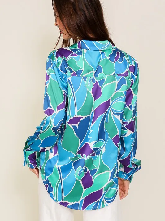 Captivating Style Retro Print Satin Blouse