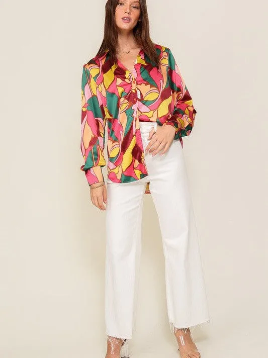 Captivating Style Retro Print Satin Blouse