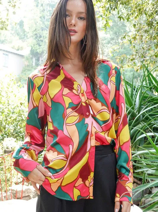 Captivating Style Retro Print Satin Blouse