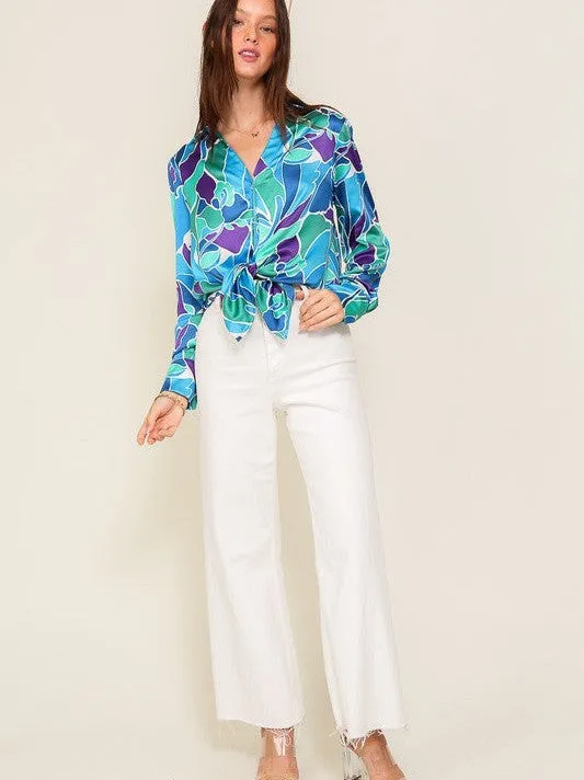 Captivating Style Retro Print Satin Blouse