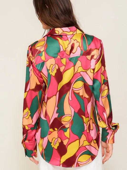 Captivating Style Retro Print Satin Blouse