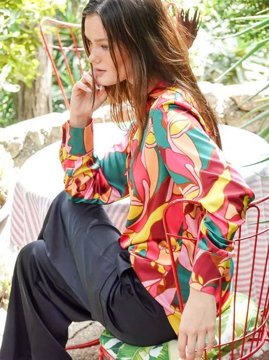 Captivating Style Retro Print Satin Blouse