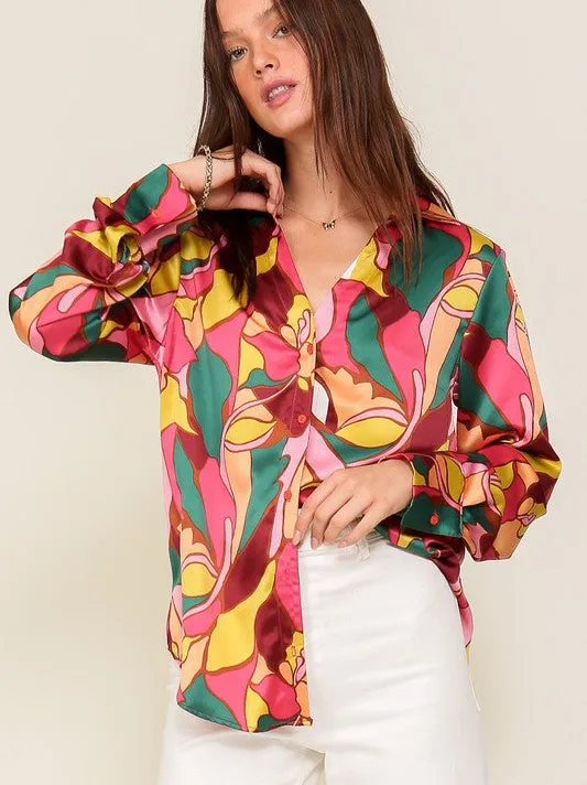 Captivating Style Retro Print Satin Blouse