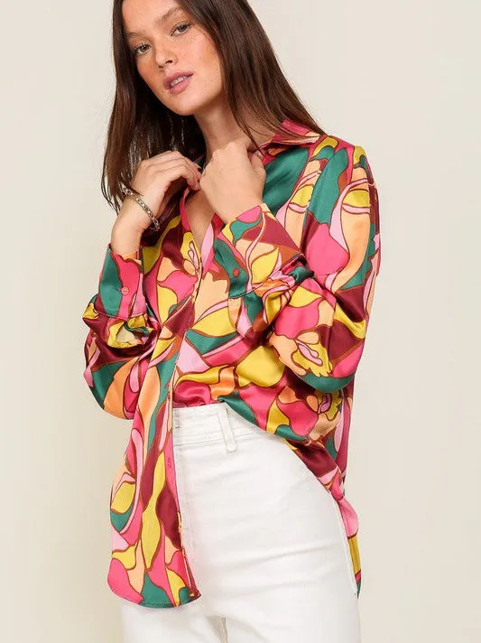 Captivating Style Retro Print Satin Blouse