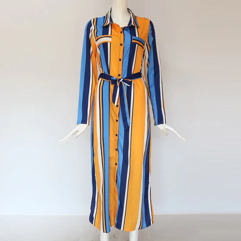 Casual Elegant Ladies' Stripe Print Shirt Dress With Turn Down Collar