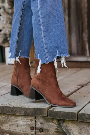 Chestnut Faux Suede Heeled Ankle Booties