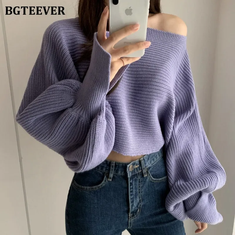 Christmas Gift Joskaa 2020 New Autumn Winter Patchwork Short Sweaters Casual O-neck Lantern Sleeve Loose Warm Female Knitted Tops Jumpers