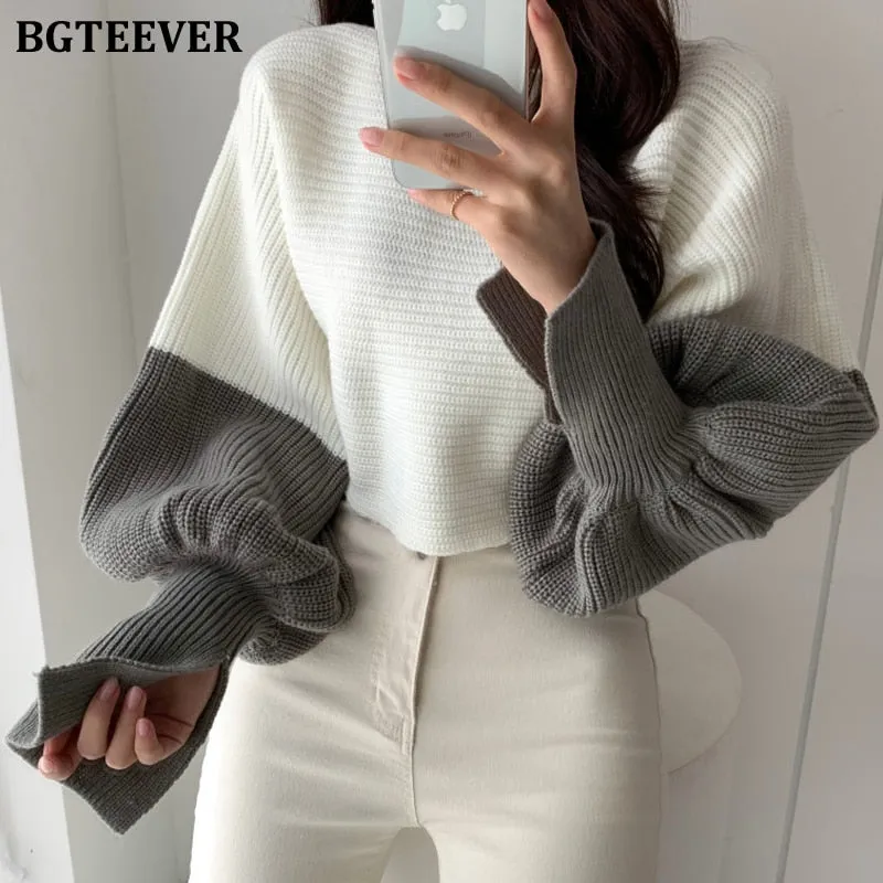 Christmas Gift Joskaa 2020 New Autumn Winter Patchwork Short Sweaters Casual O-neck Lantern Sleeve Loose Warm Female Knitted Tops Jumpers