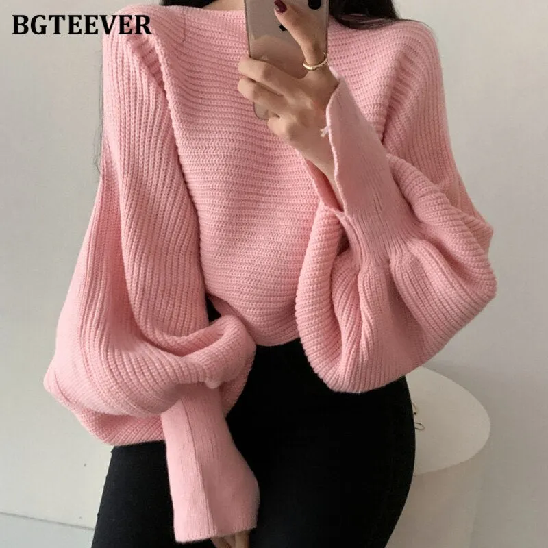 Christmas Gift Joskaa 2020 New Autumn Winter Patchwork Short Sweaters Casual O-neck Lantern Sleeve Loose Warm Female Knitted Tops Jumpers