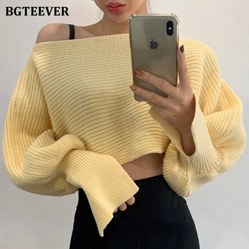 Christmas Gift Joskaa 2020 New Autumn Winter Patchwork Short Sweaters Casual O-neck Lantern Sleeve Loose Warm Female Knitted Tops Jumpers