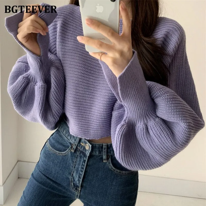 Christmas Gift Joskaa 2020 New Autumn Winter Patchwork Short Sweaters Casual O-neck Lantern Sleeve Loose Warm Female Knitted Tops Jumpers