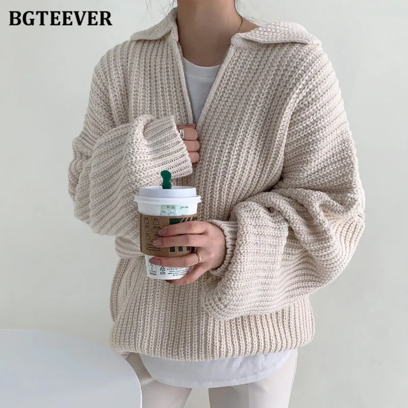 Christmas Gift Joskaa Chic Vintage Lapel Zippers Women Sweaters Jumpers 2024 Autumn Winter Full Sleeve Warm Loose Female Knitted Pullovers