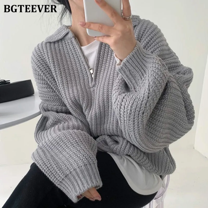 Christmas Gift Joskaa Chic Vintage Lapel Zippers Women Sweaters Jumpers 2024 Autumn Winter Full Sleeve Warm Loose Female Knitted Pullovers