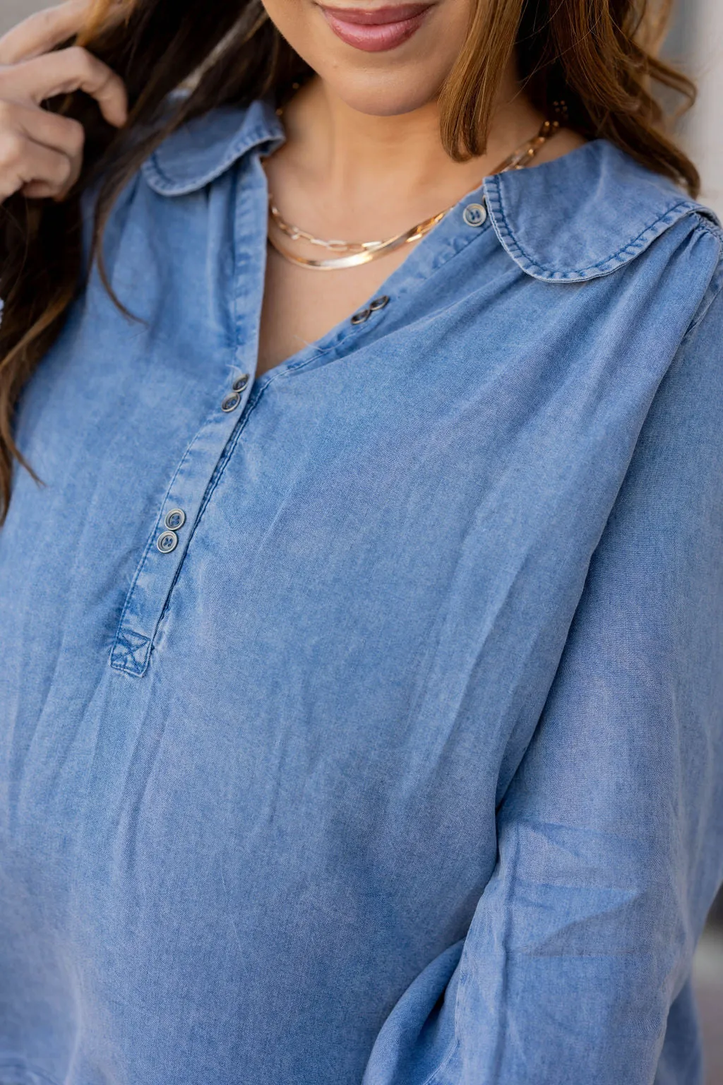 Cinched Sleeve Denim Blouse