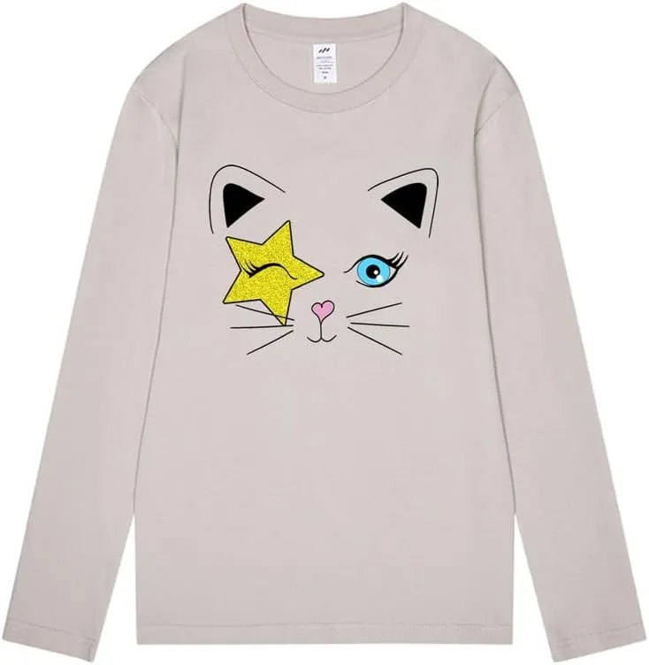 CORIRESHA Teen Y2k Star Graphic Crewneck Long Sleeve Cotton Cat Lover T-Shirt