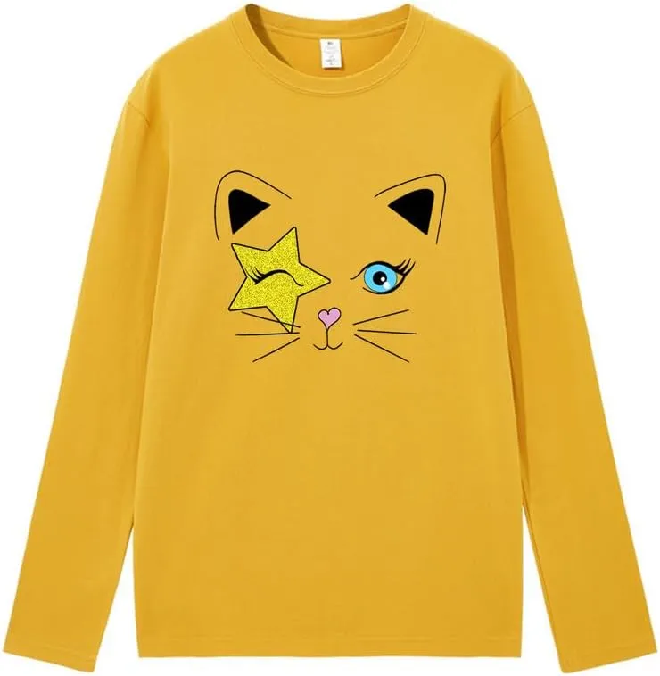 CORIRESHA Teen Y2k Star Graphic Crewneck Long Sleeve Cotton Cat Lover T-Shirt