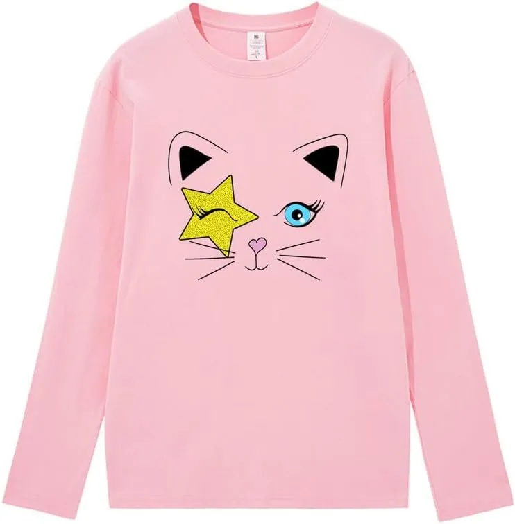 CORIRESHA Teen Y2k Star Graphic Crewneck Long Sleeve Cotton Cat Lover T-Shirt