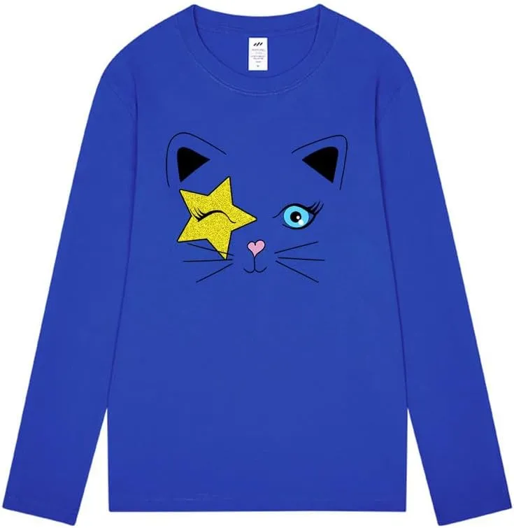 CORIRESHA Teen Y2k Star Graphic Crewneck Long Sleeve Cotton Cat Lover T-Shirt