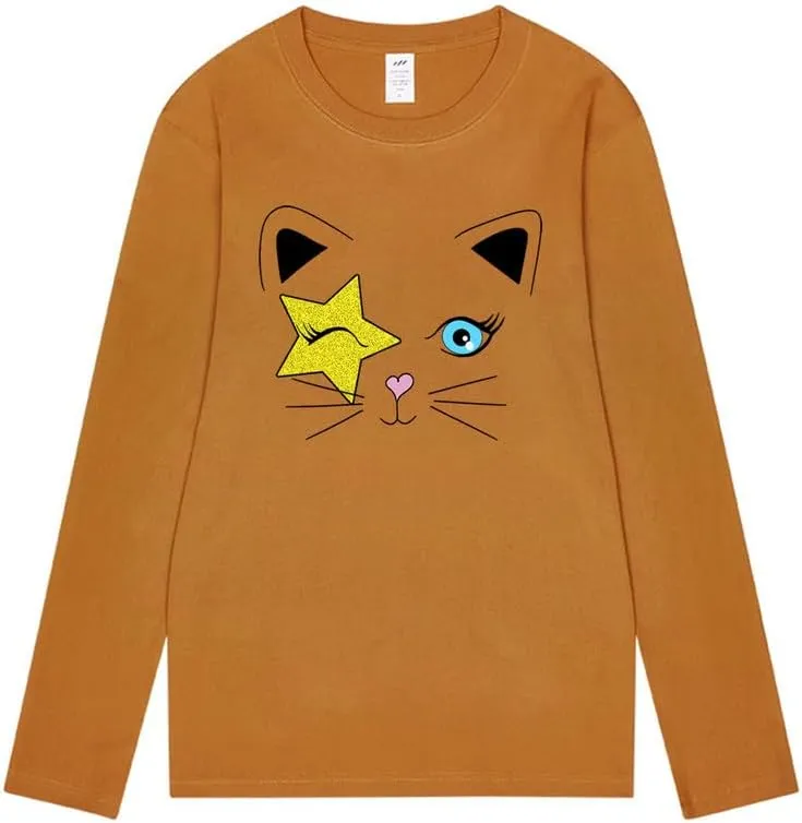 CORIRESHA Teen Y2k Star Graphic Crewneck Long Sleeve Cotton Cat Lover T-Shirt