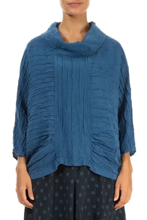 Cowl Neck Crinkled Azure Silk Blouse