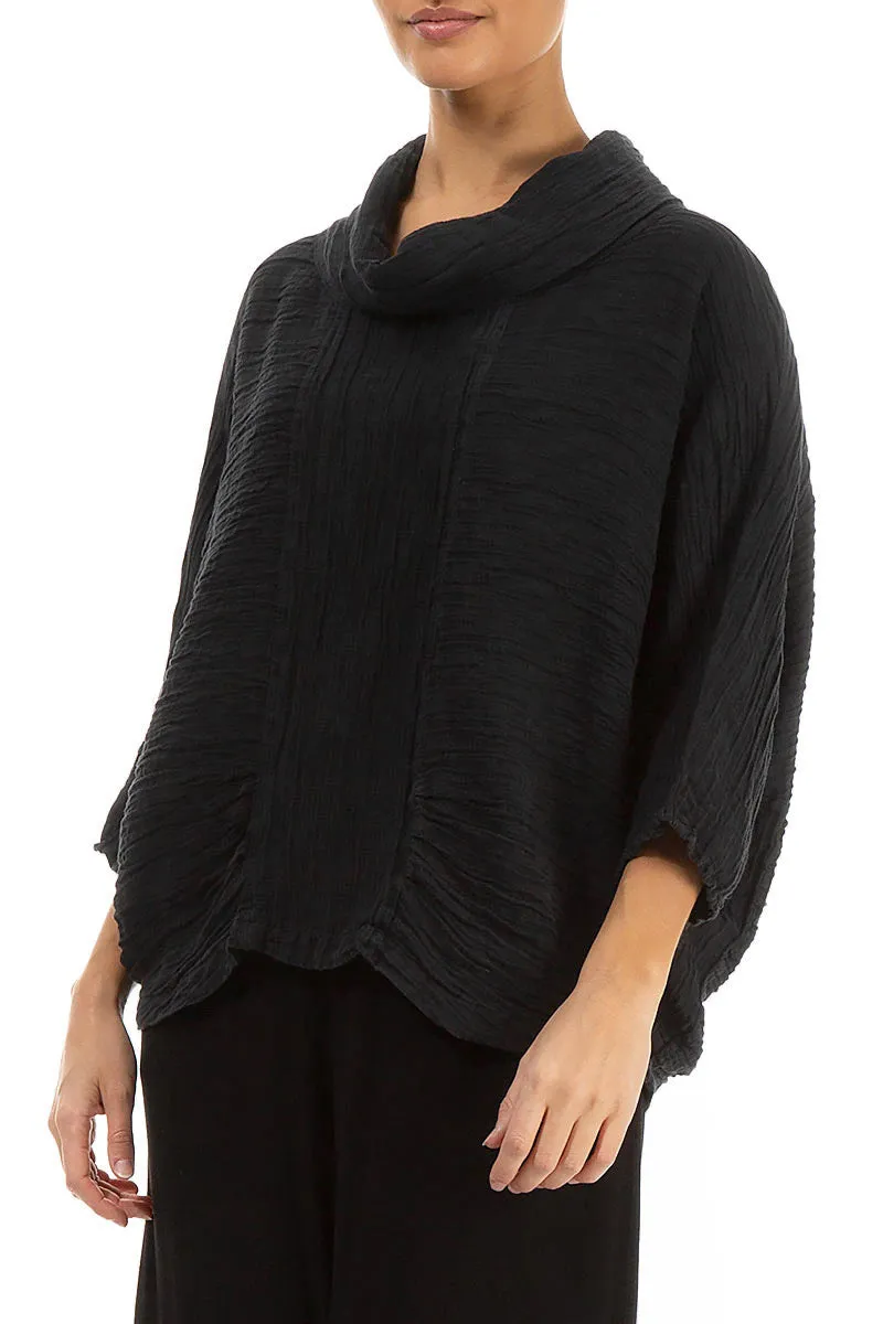 Cowl Neck Crinkled Black Silk Blouse