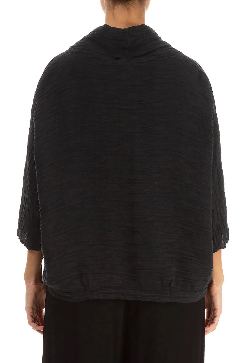 Cowl Neck Crinkled Black Silk Blouse