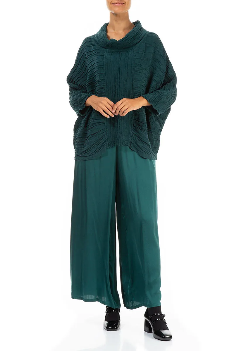 Cowl Neck Crinkled Emerald Silk Blouse