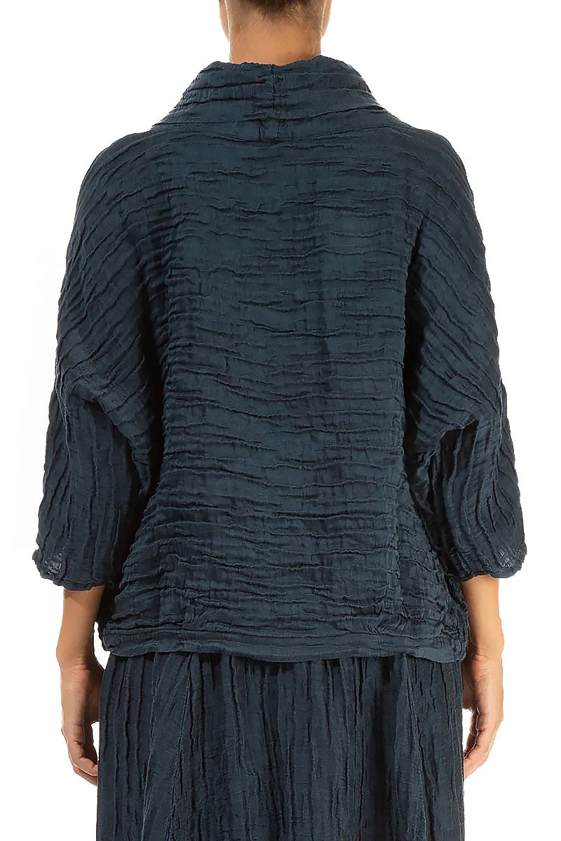 Cowl Neck Crinkled Midnight Blue Silk Blouse