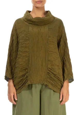 Cowl Neck Crinkled Olive Silk Blouse