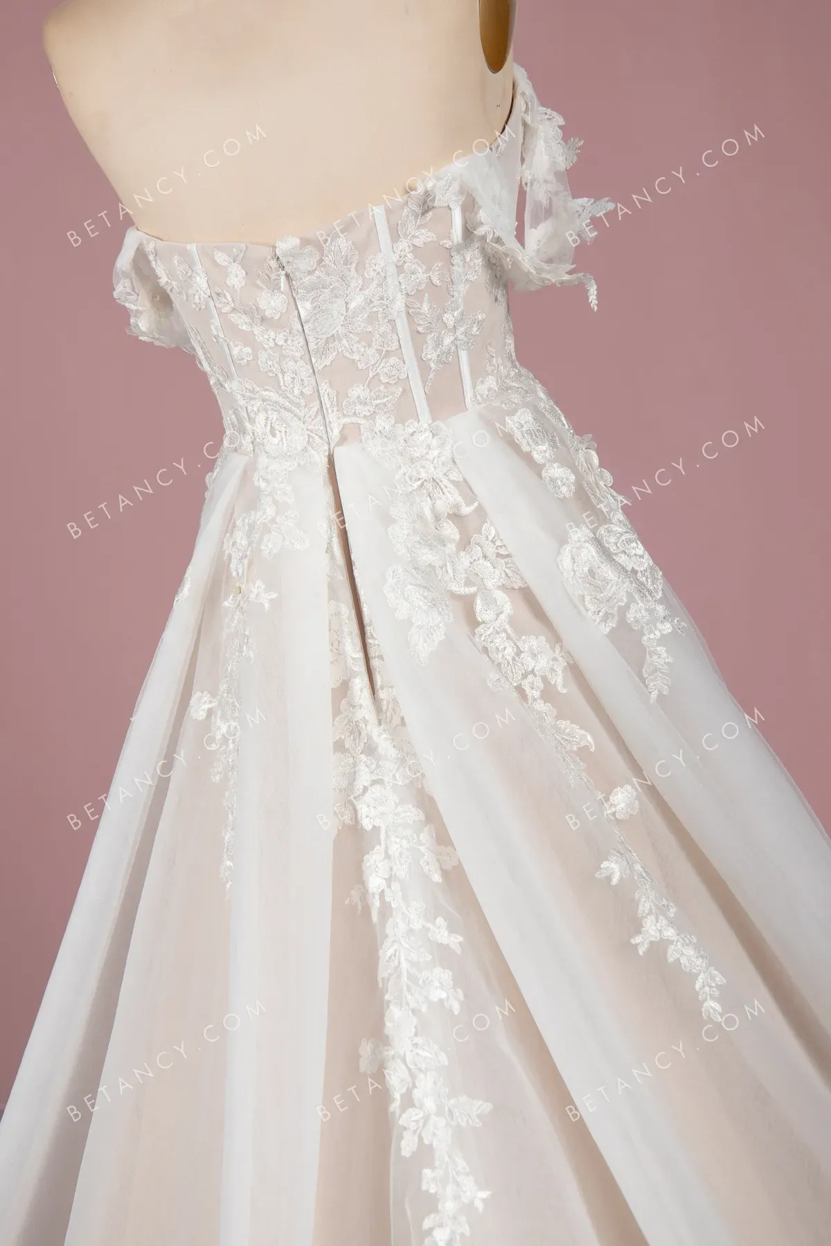 Elegant Floral Lace & Nude Satin Wedding Gown