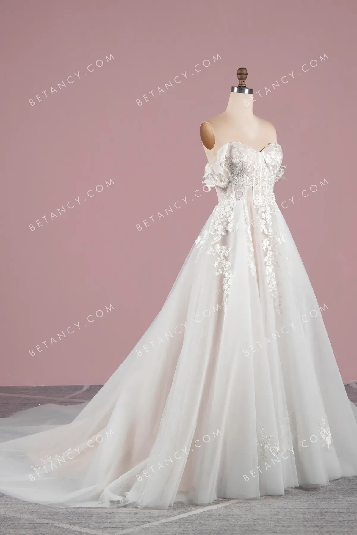 Elegant Floral Lace & Nude Satin Wedding Gown