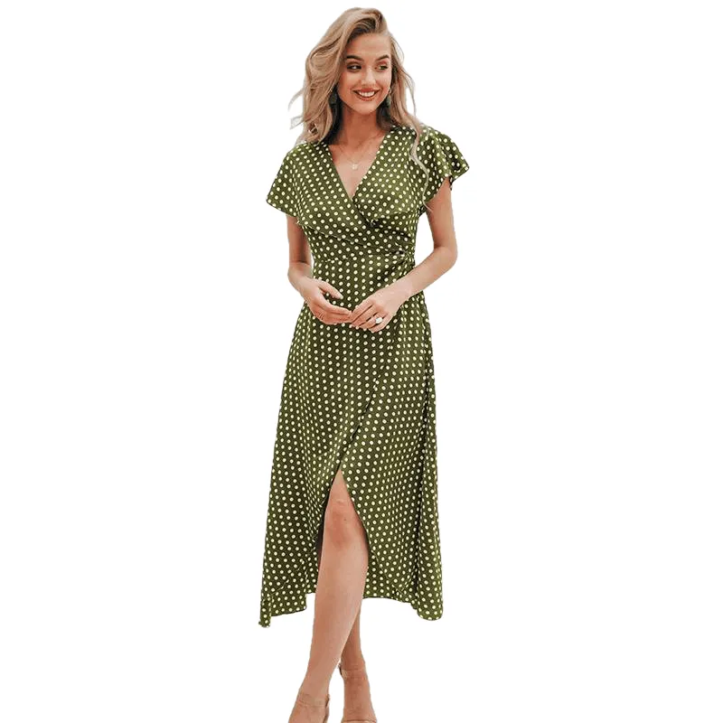 Elegant V Neck Wrap Sashes Dots Print Vintage Dresses