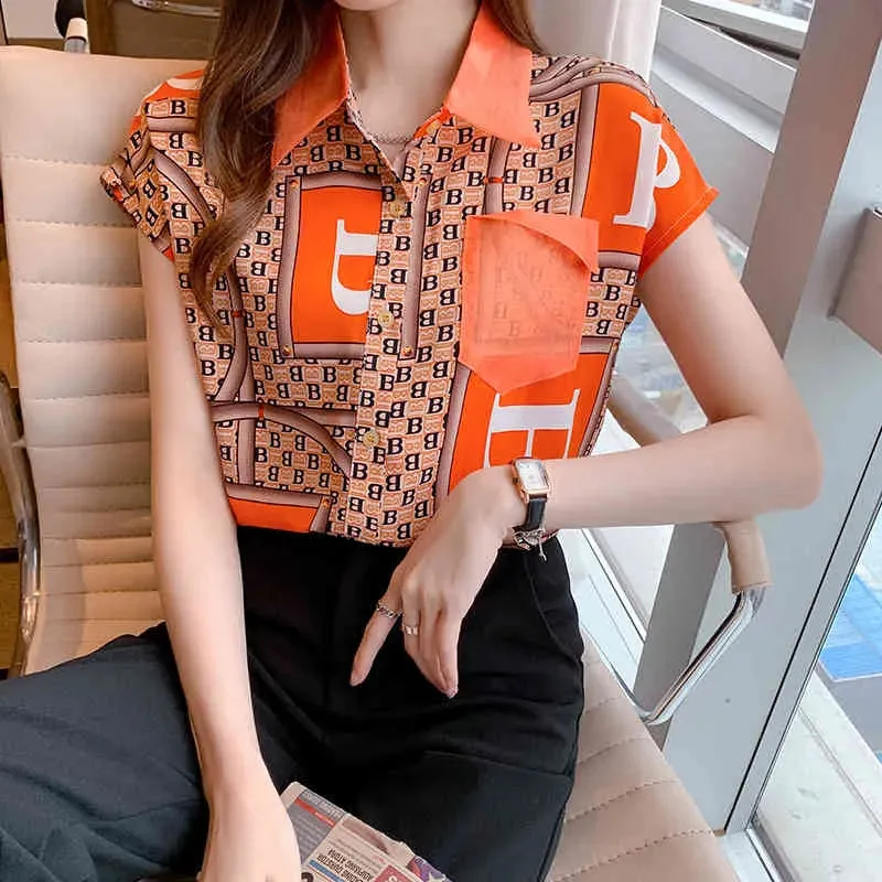 est summer Womans lattice Color short Sleeve Shirt ladies tops button up shirt Fashion Printed lapel Womens 210507