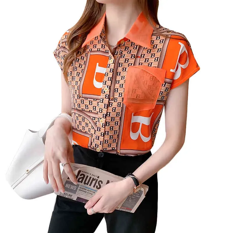 est summer Womans lattice Color short Sleeve Shirt ladies tops button up shirt Fashion Printed lapel Womens 210507