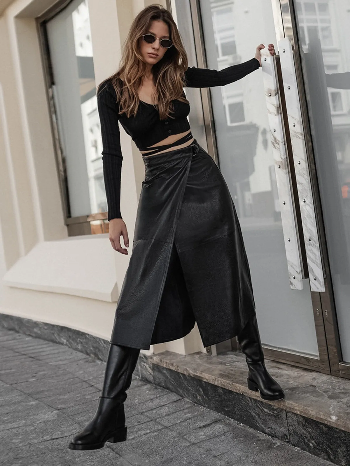 Eyes On Me Trendy Belted Leather Skirt