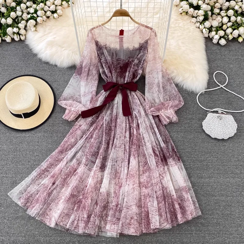 Fairy Ink Retro Round Neck Mesh Elegant Dress 1444